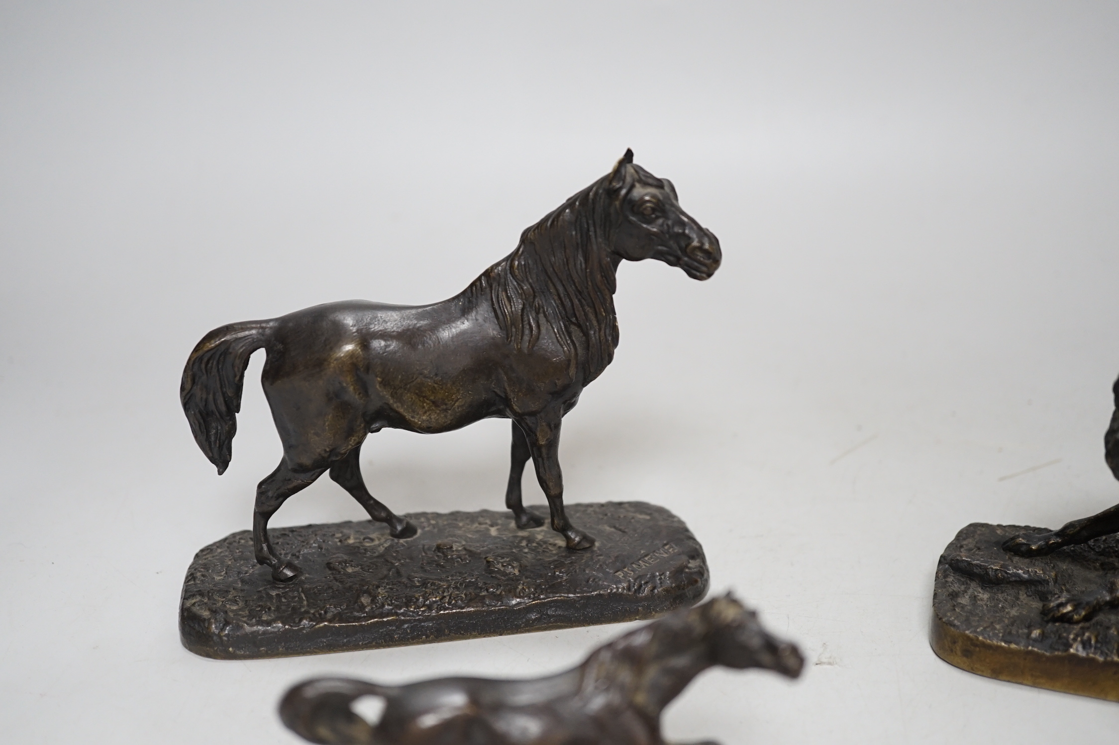 After Pierre-Jules Mêne (1810 – 1879) Four bronze models of foxes and horses, the largest 12.5cm wide